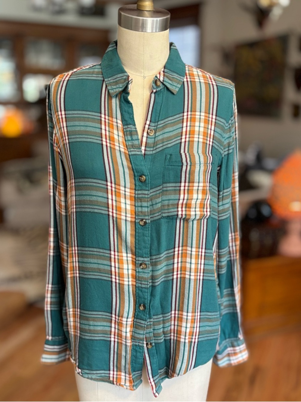 Women’s Teal Plaid Button-Down Shirt with Orange Accents